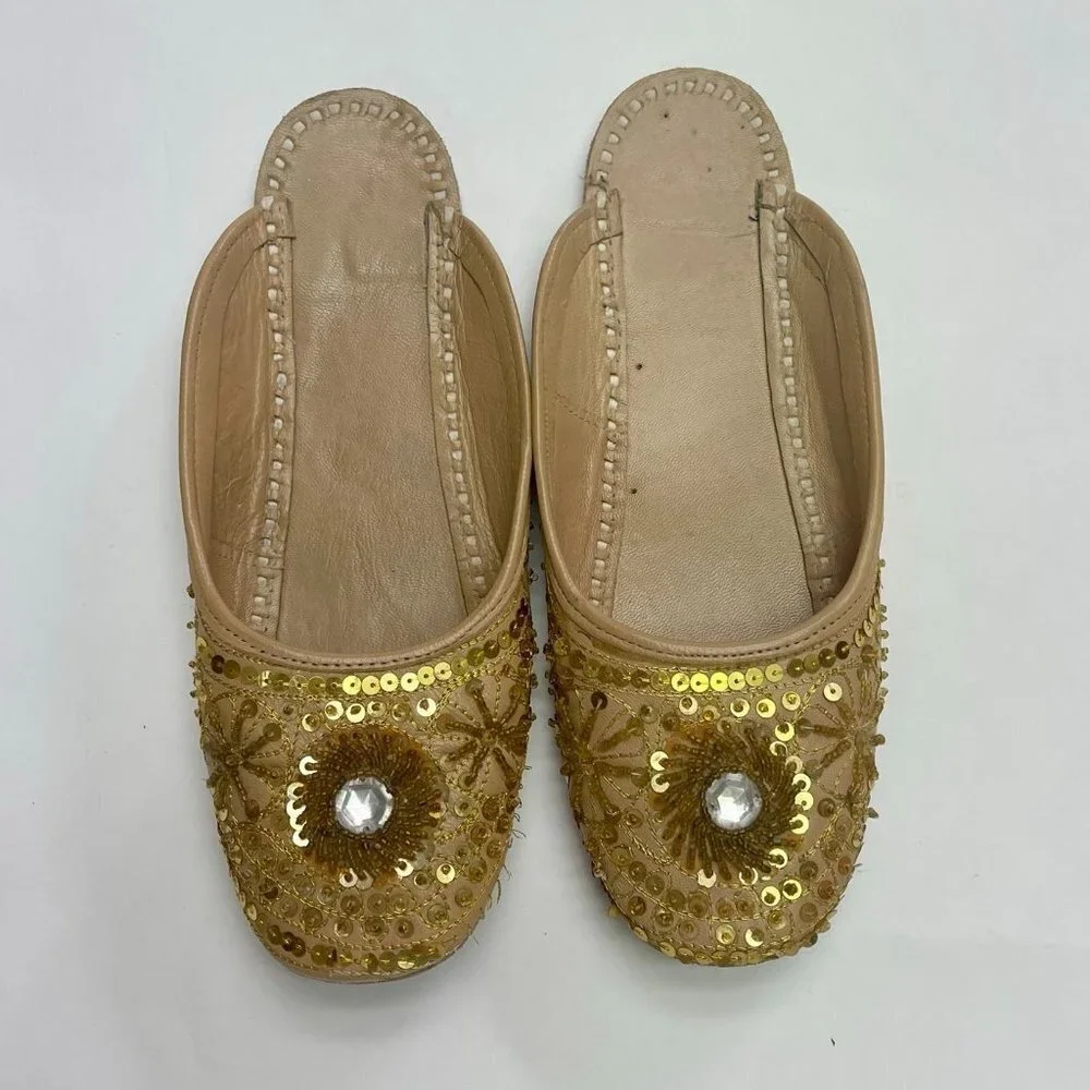 Sequined Embroidered Leather Flat Shoes Boho Flats Hand Made in India US Size 37 - Picture 3 of 10